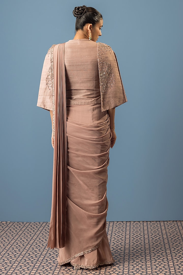 Beige Crepe Embroidered Draped Wedding Saree Set by Rishi & Soujit at Pernia's Pop Up Shop