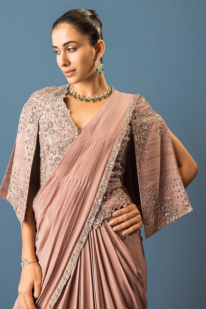 Beige Crepe Embroidered Draped Wedding Saree Set by Rishi & Soujit at Pernia's Pop Up Shop