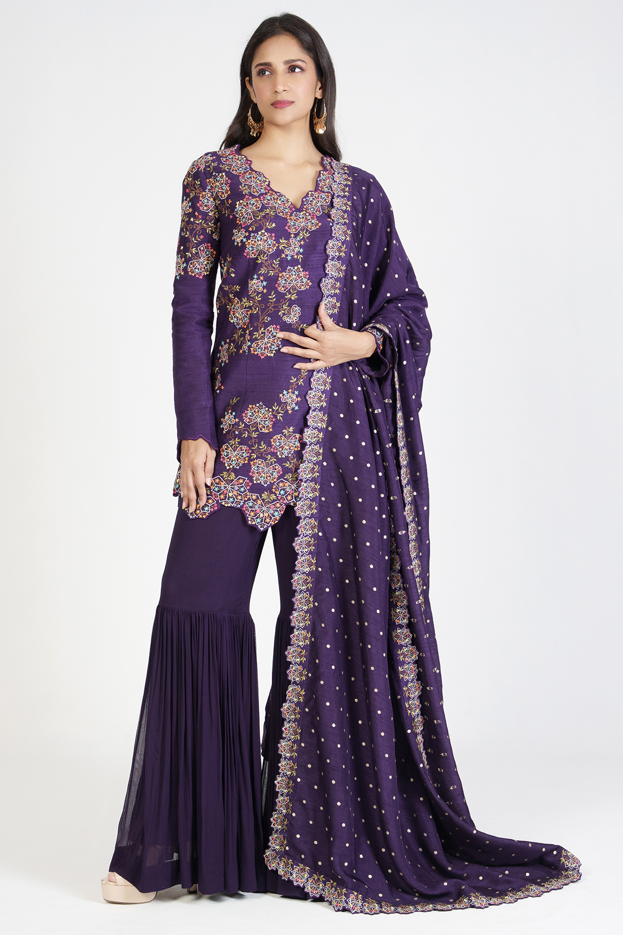 Purple Georgette Flared Wedding Sharara Set by Rishi & Soujit at Pernia's Pop Up Shop