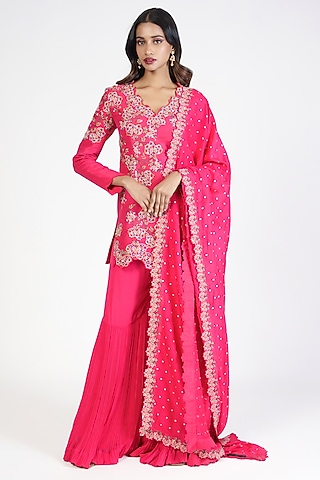Pink Georgette Flared Sharara Set by Rishi & Soujit