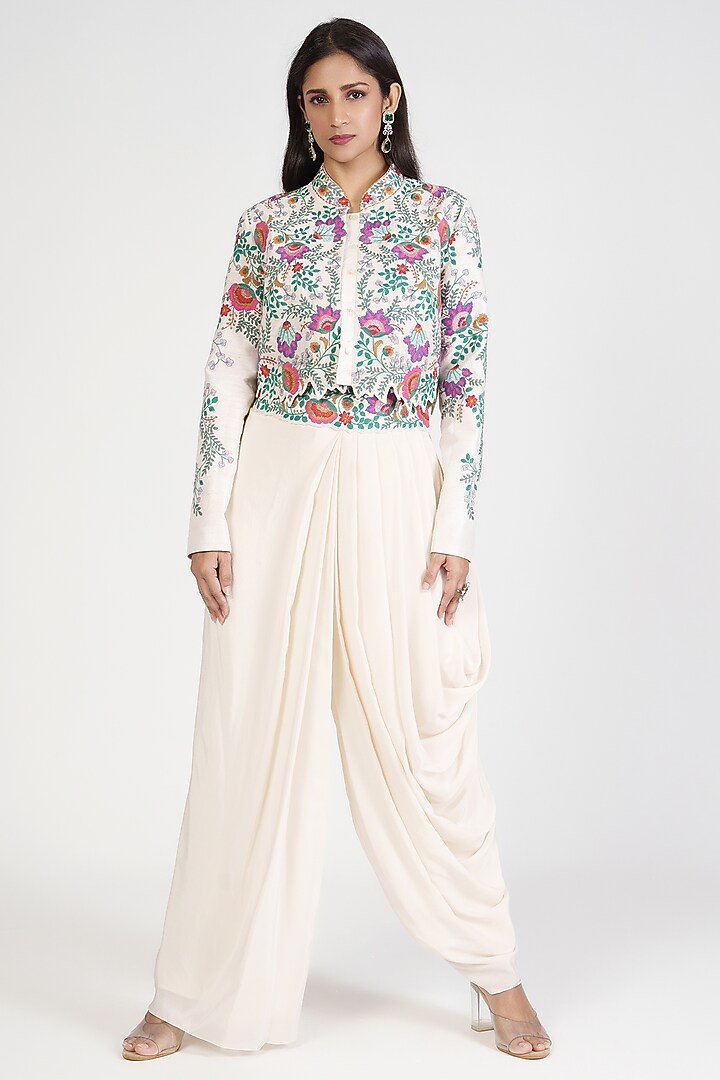 White Raw Silk Thread Embroidered Short Jacket Set by Rishi & Soujit at Pernia's Pop Up Shop