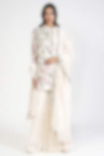 White Raw Silk Pleated Sharara Set by Rishi & Soujit at Pernia's Pop Up Shop