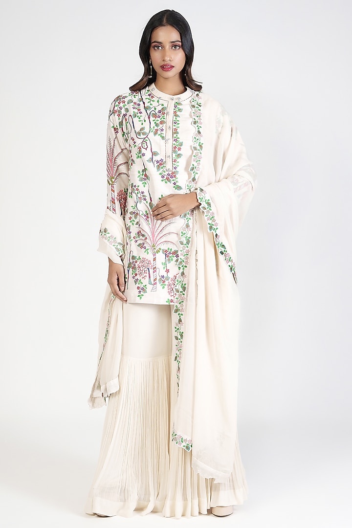 White Raw Silk Pleated Sharara Set by Rishi & Soujit at Pernia's Pop Up Shop