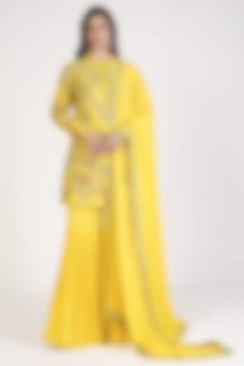 Yellow Raw Silk Pleated Wedding Sharara Set by Rishi & Soujit at Pernia's Pop Up Shop