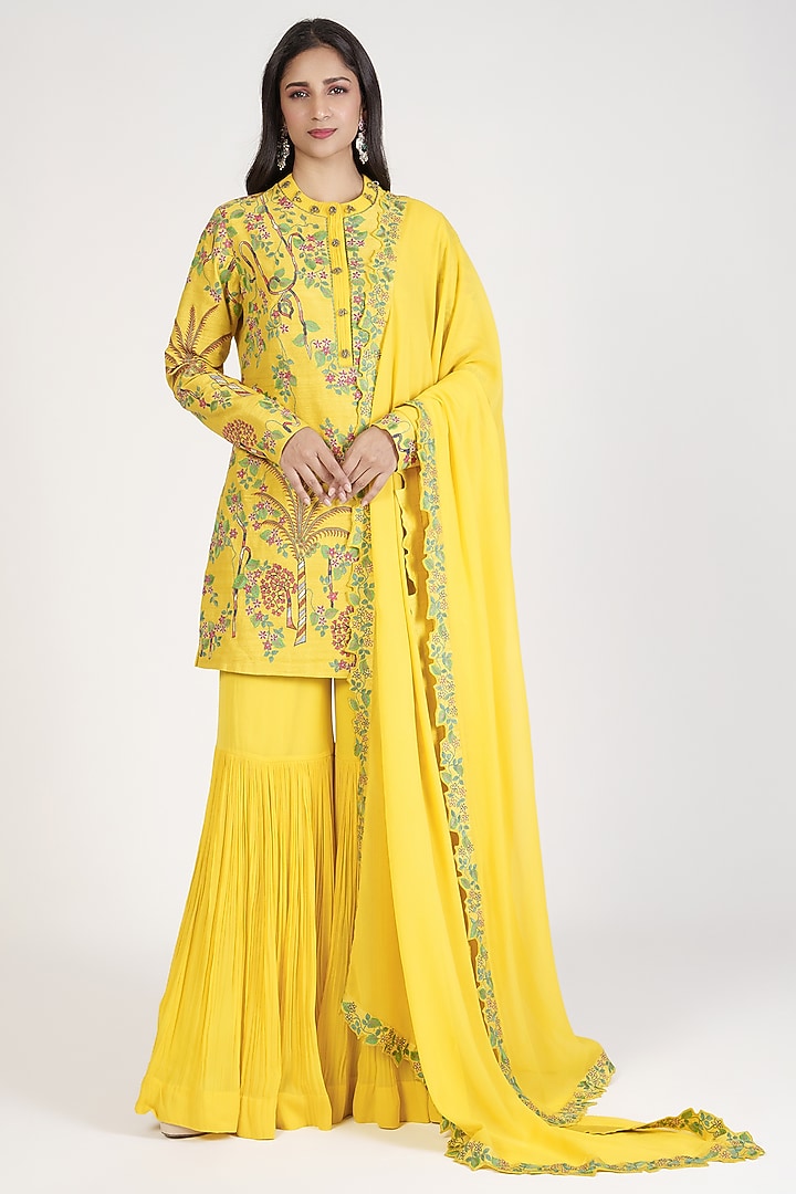 Yellow Raw Silk Pleated Wedding Sharara Set by Rishi & Soujit at Pernia's Pop Up Shop