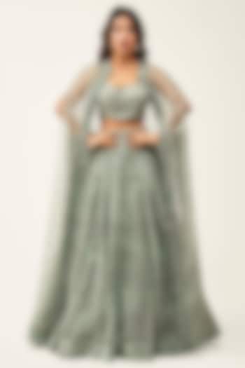 Aqua Organza Swarovski Embroidered Jacket Wedding Lehenga Set by Rishi & Soujit at Pernia's Pop Up Shop