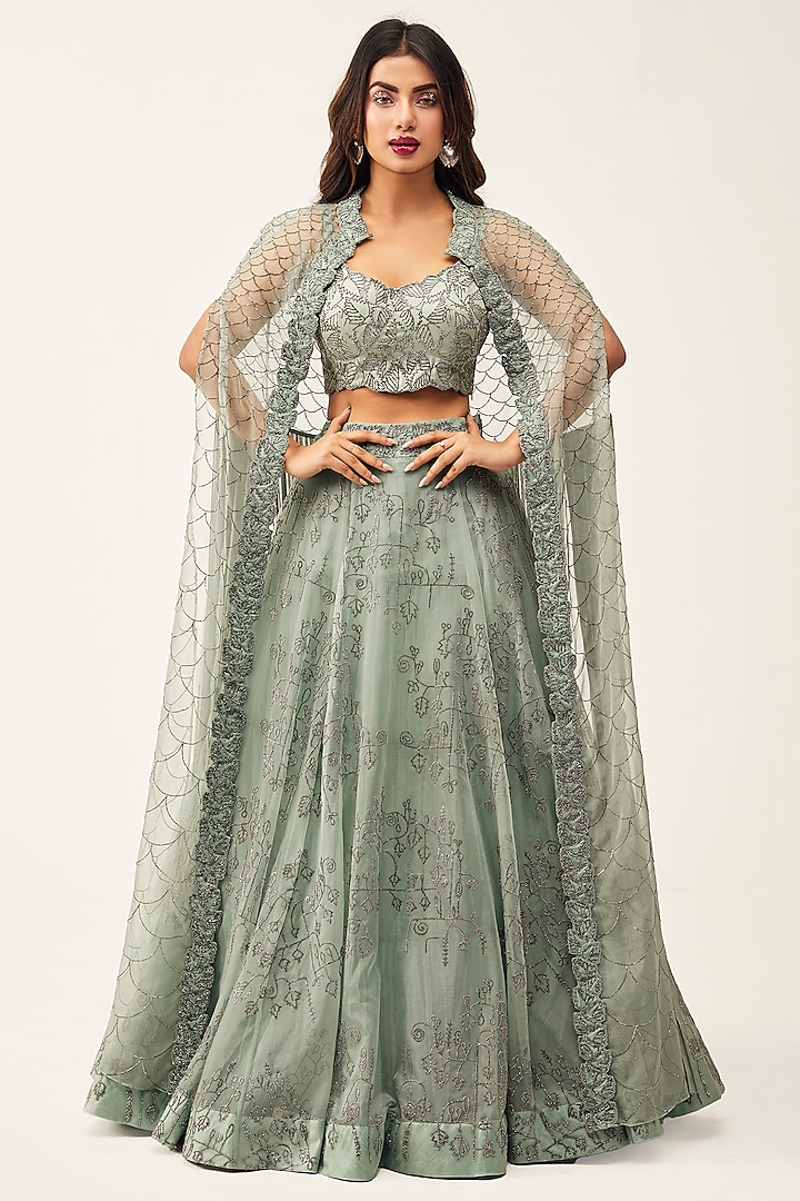 Aqua Organza Swarovski Embroidered Jacket Wedding Lehenga Set by Rishi & Soujit at Pernia's Pop Up Shop