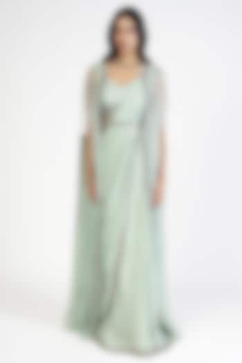 Aqua Organza Swarovski Embroidered Draped Wedding Lehenga Saree Set by Rishi & Soujit at Pernia's Pop Up Shop