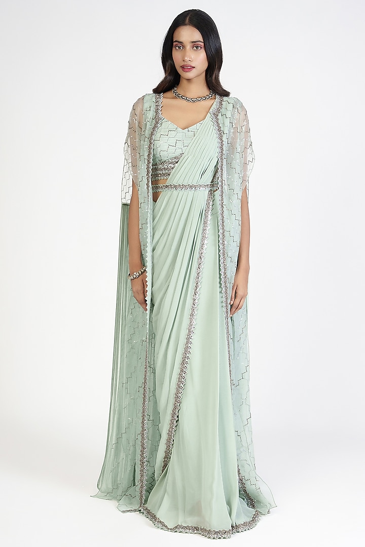 Aqua Organza Swarovski Embroidered Draped Wedding Lehenga Saree Set by Rishi & Soujit at Pernia's Pop Up Shop