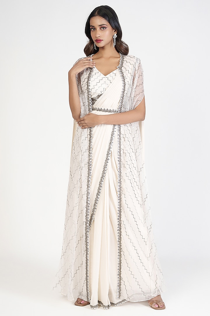 Ivory Organza Swarovski Embroidered Pant Saree Set by Rishi & Soujit at Pernia's Pop Up Shop