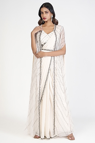 Ivory Organza Swarovski Embroidered Pant Saree Set by Rishi & Soujit