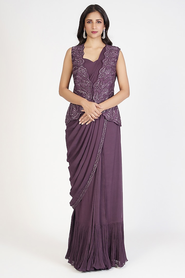 Wine Raw Silk & Georgette Draped Jacket Saree Set by Rishi & Soujit at Pernia's Pop Up Shop