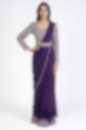 Lilac & Purple Ombre Georgette Dyed Draped Saree Set by Rishi & Soujit at Pernia's Pop Up Shop