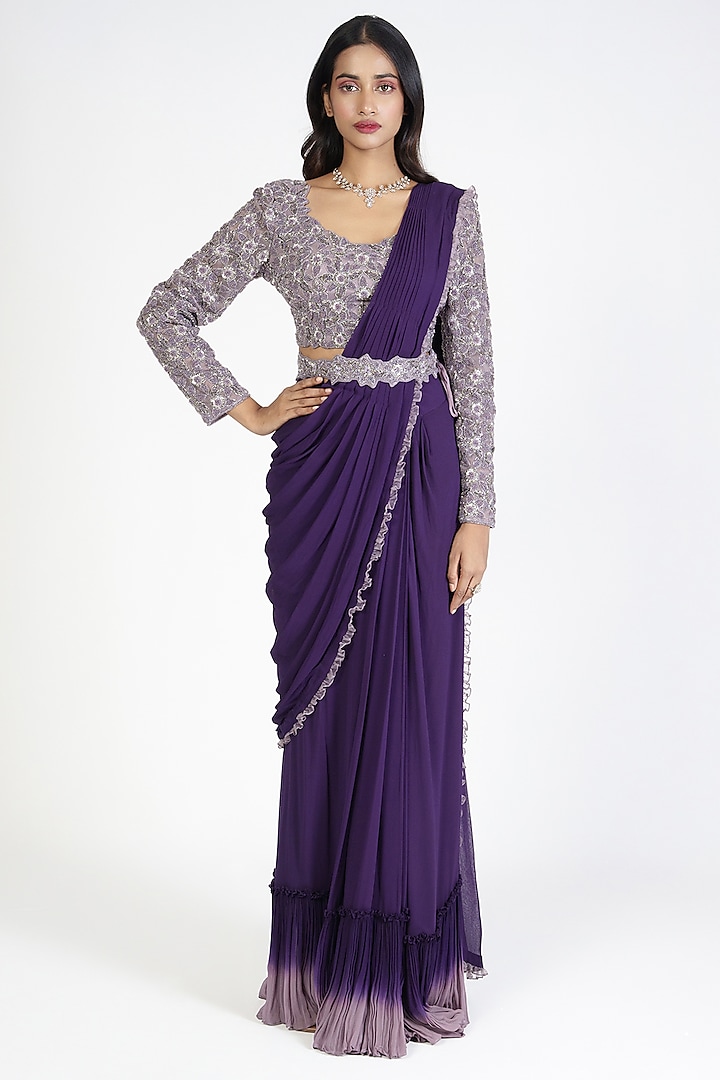 Lilac & Purple Ombre Georgette Dyed Draped Saree Set by Rishi & Soujit at Pernia's Pop Up Shop