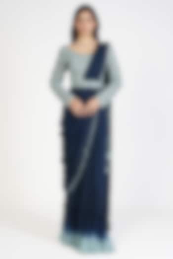 Dusky & Navy Blue Ombre Georgette Dyed Draped Wedding Saree Set by Rishi & Soujit at Pernia's Pop Up Shop