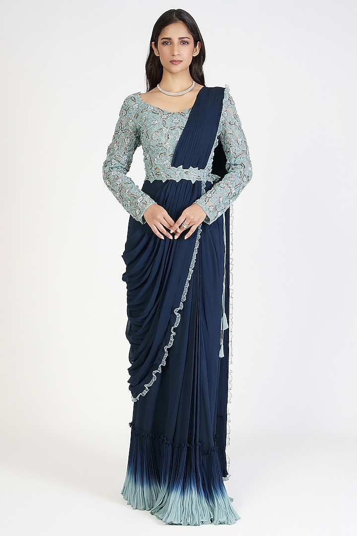 Dusky & Navy Blue Ombre Georgette Dyed Draped Wedding Saree Set by Rishi & Soujit at Pernia's Pop Up Shop