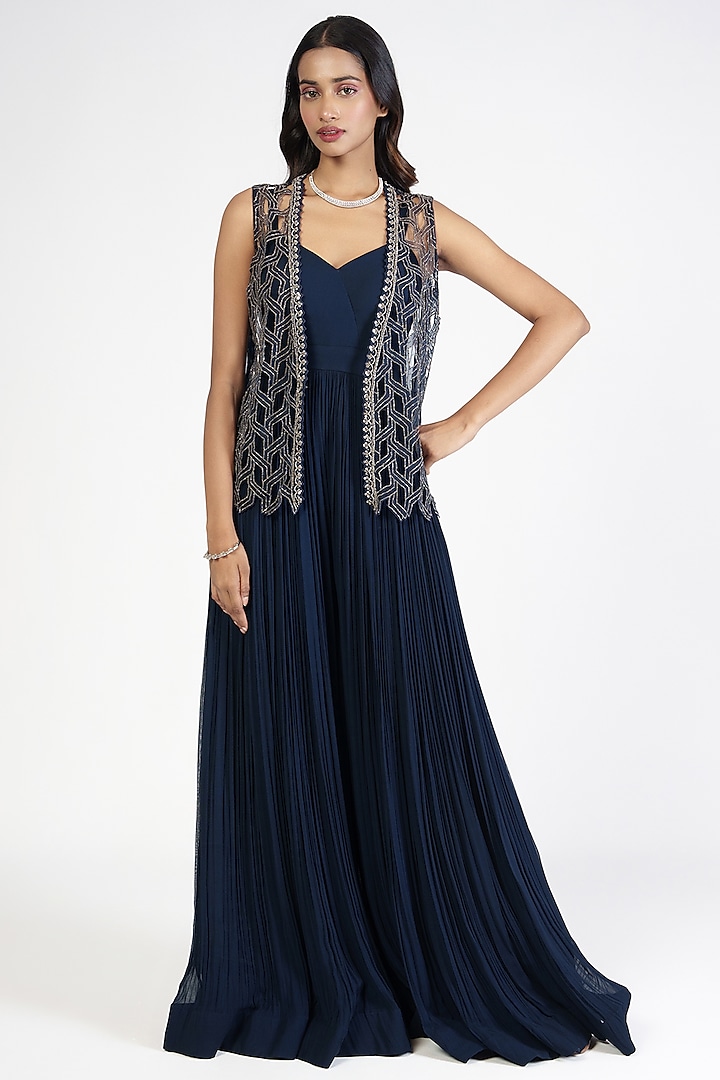 Navy Blue Organza & Georgette Cutwork Embellished Jacket With Jumpsuit by Rishi & Soujit