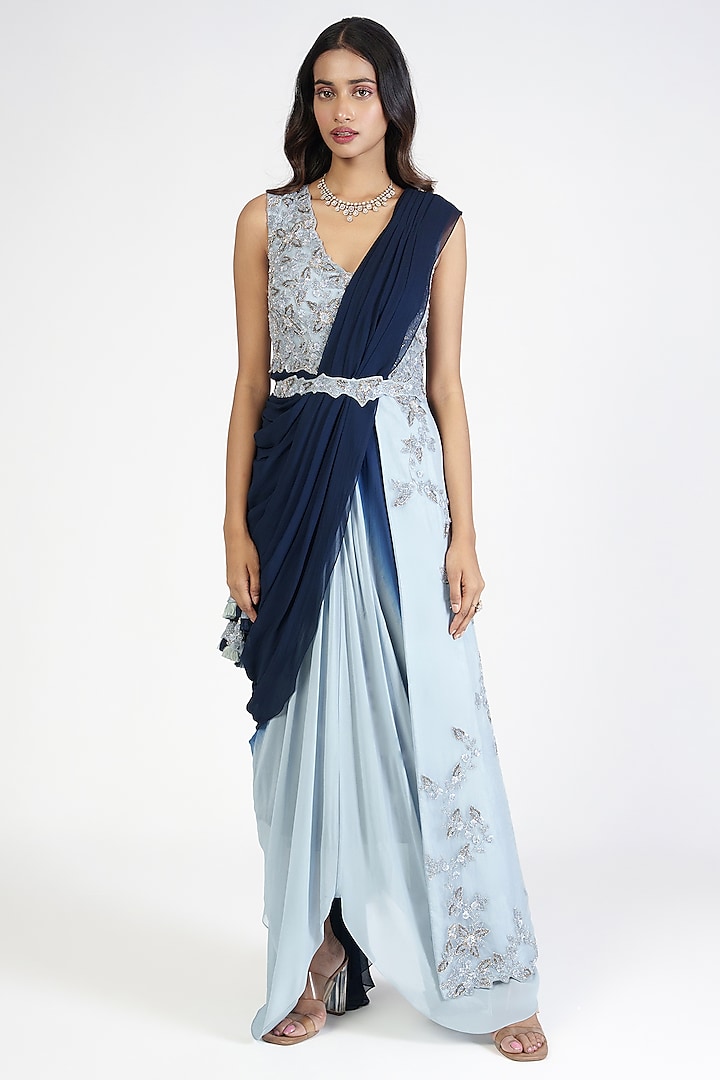 Dusky & Navy Blue Ombre Organza & Georgette Dyed Gown Saree by Rishi & Soujit