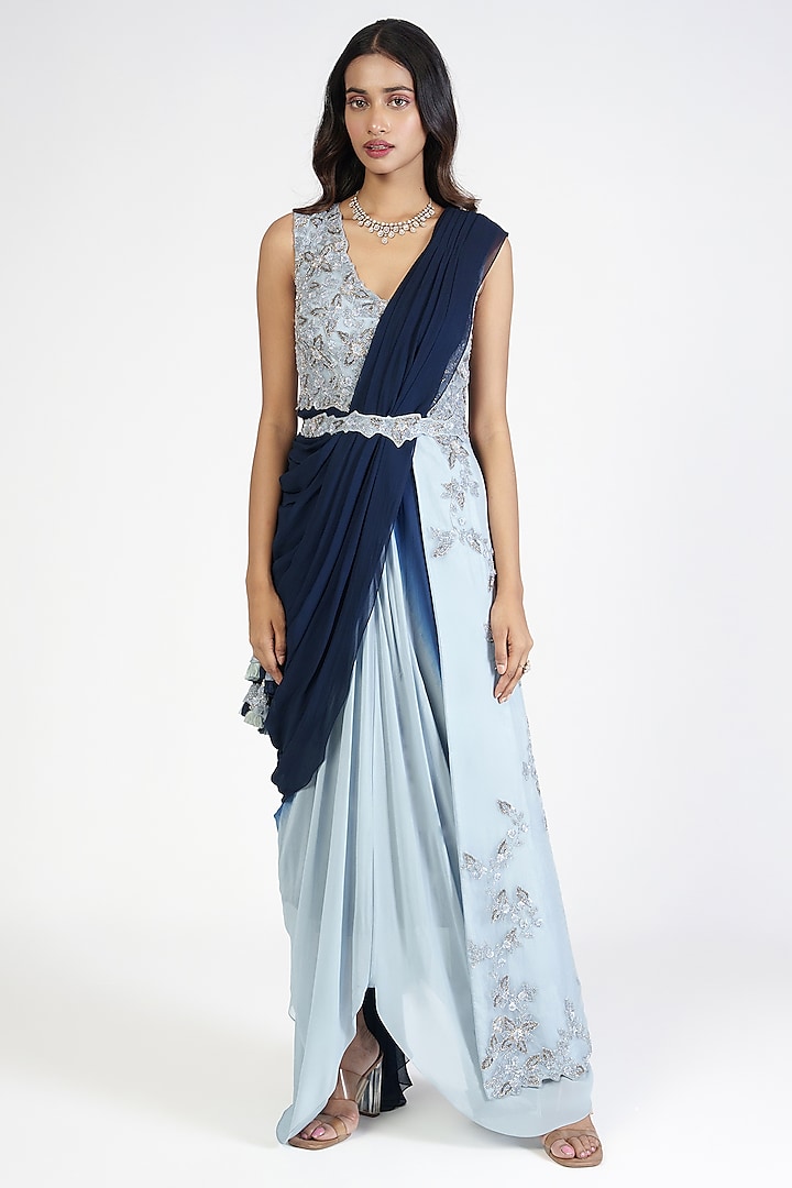 Dusky & Navy Blue Ombre Organza & Georgette Dyed Gown Saree by Rishi & Soujit at Pernia's Pop Up Shop