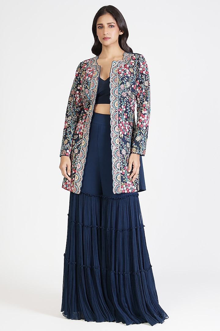 Navy Blue Raw Silk & Georgette Thread Work Kurta Style Jacket Set by Rishi & Soujit