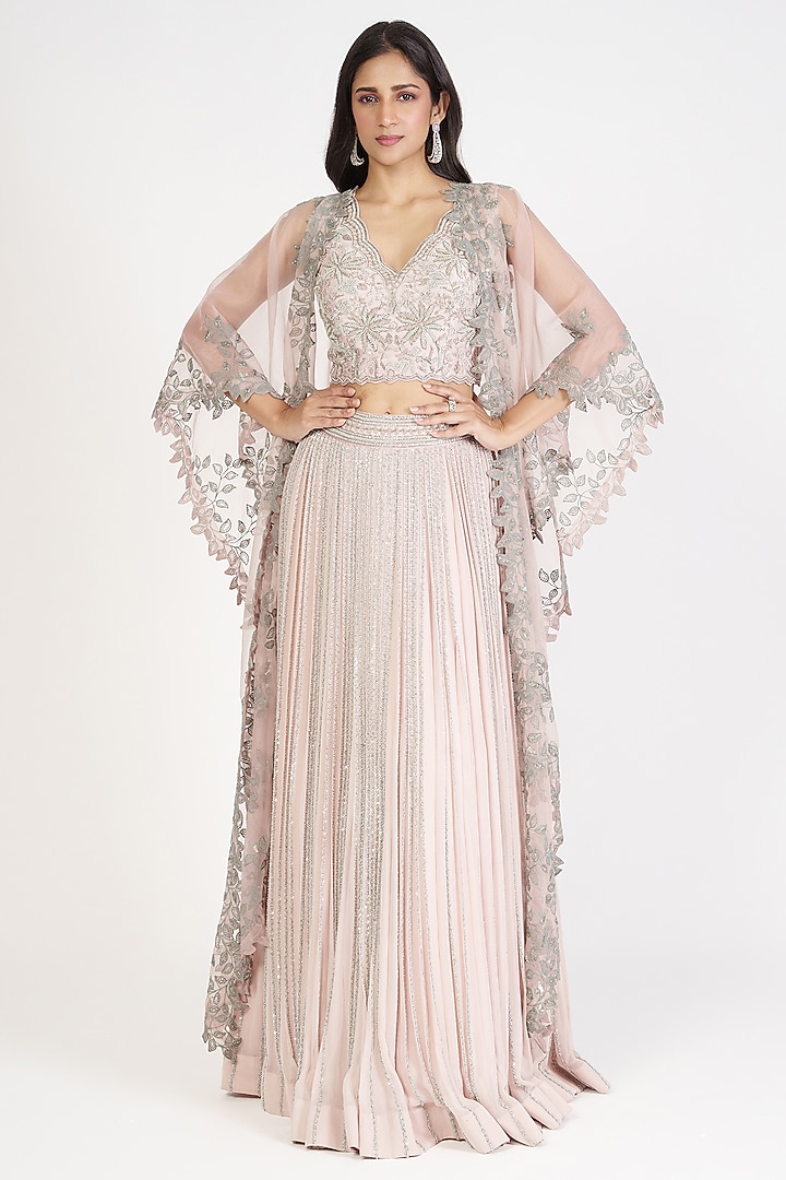 Blush Pink Organza & Crepe Embellished Jacket Wedding Lehenga Set by Rishi & Soujit at Pernia's Pop Up Shop