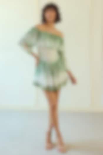 White & Green French Chiffon Floral Printed Off-Shoulder Mini Dress by Roseroom by Isha Jajodia at Pernia's Pop Up Shop