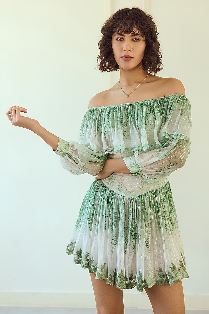 White & Green French Chiffon Floral Printed Off-Shoulder Mini Cocktail Dress by Roseroom by Isha Jajodia at Pernia's Pop Up Shop