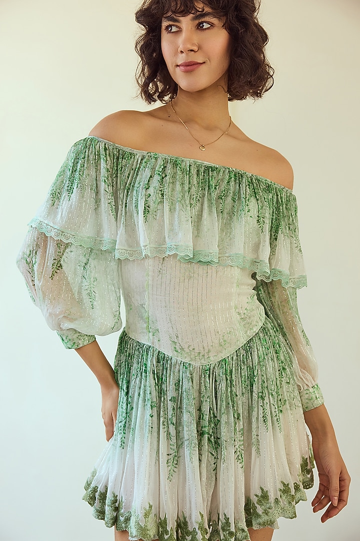 White & Green French Chiffon Floral Printed Off-Shoulder Mini Cocktail Dress by Roseroom by Isha Jajodia at Pernia's Pop Up Shop