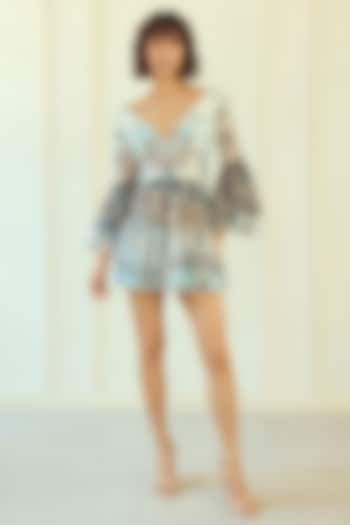 Blue Lurex Chiffon Ikat Printed Mini Dress by Roseroom by Isha Jajodia at Pernia's Pop Up Shop