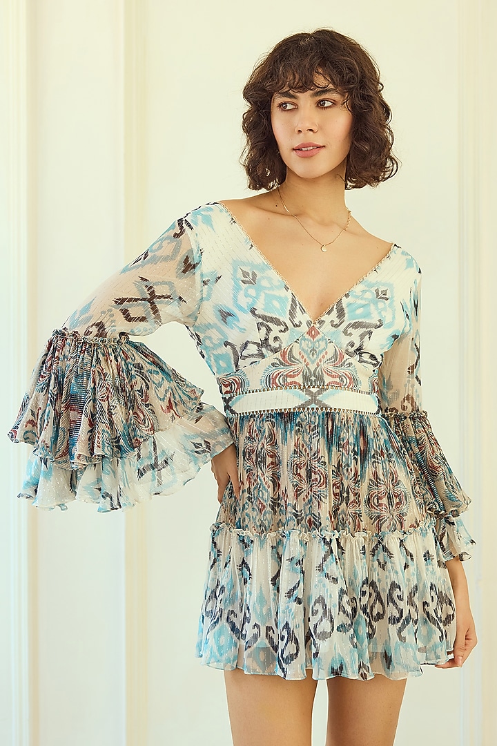 Blue Lurex Chiffon Ikat Printed Mini Cocktail Dress by Roseroom by Isha Jajodia at Pernia's Pop Up Shop
