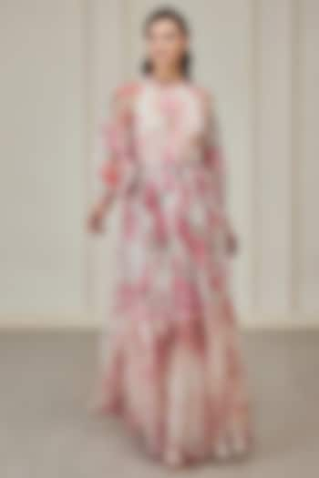 White & Pink Poly Soft Net Floral Printed Maxi Dress With Belt by Roseroom by Isha Jajodia at Pernia's Pop Up Shop