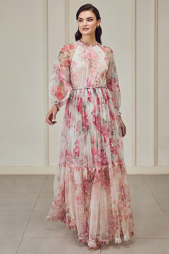 White & Pink Poly Soft Net Floral Printed Maxi Dress With Belt by Roseroom by Isha Jajodia at Pernia's Pop Up Shop