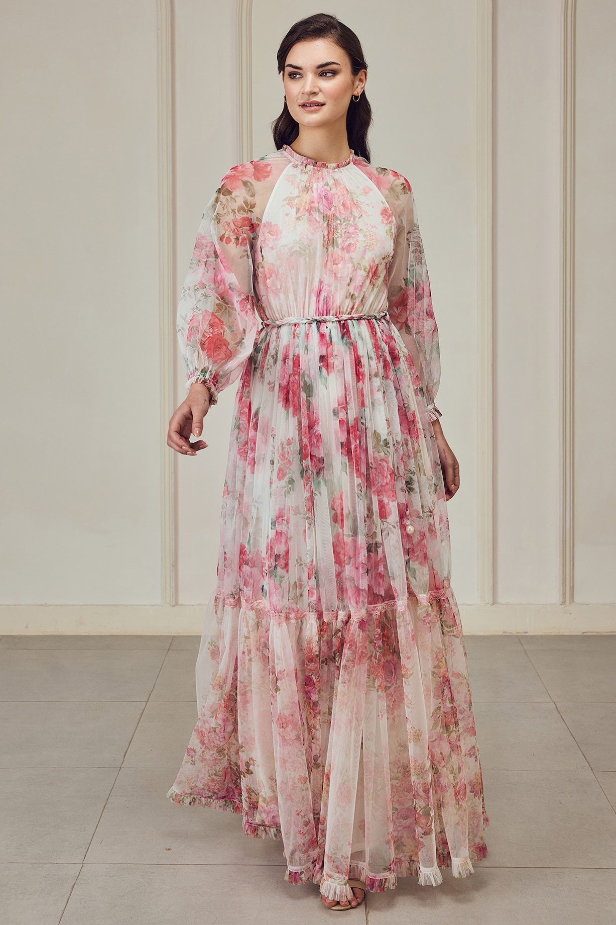 White & Pink Poly Soft Net Floral Printed Maxi Dress With Belt by Roseroom  by Isha Jajodia at Pernia's Pop Up Shop 2026