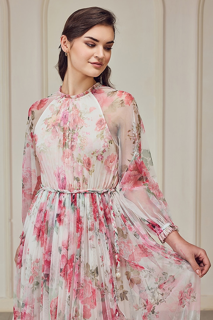 White & Pink Poly Soft Net Floral Printed Maxi Party Wear Dress With Belt by Roseroom by Isha Jajodia at Pernia's Pop Up Shop
