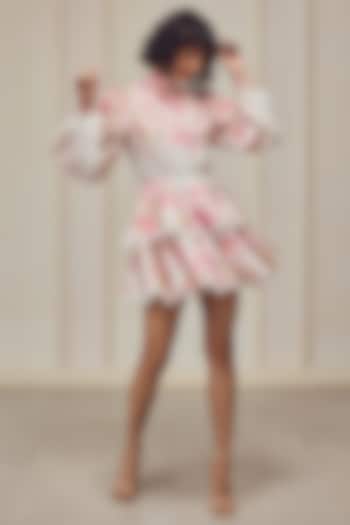 White & Pink Cotton Linen Floral Printed Mini Cocktail Dress With Belt by Roseroom by Isha Jajodia at Pernia's Pop Up Shop