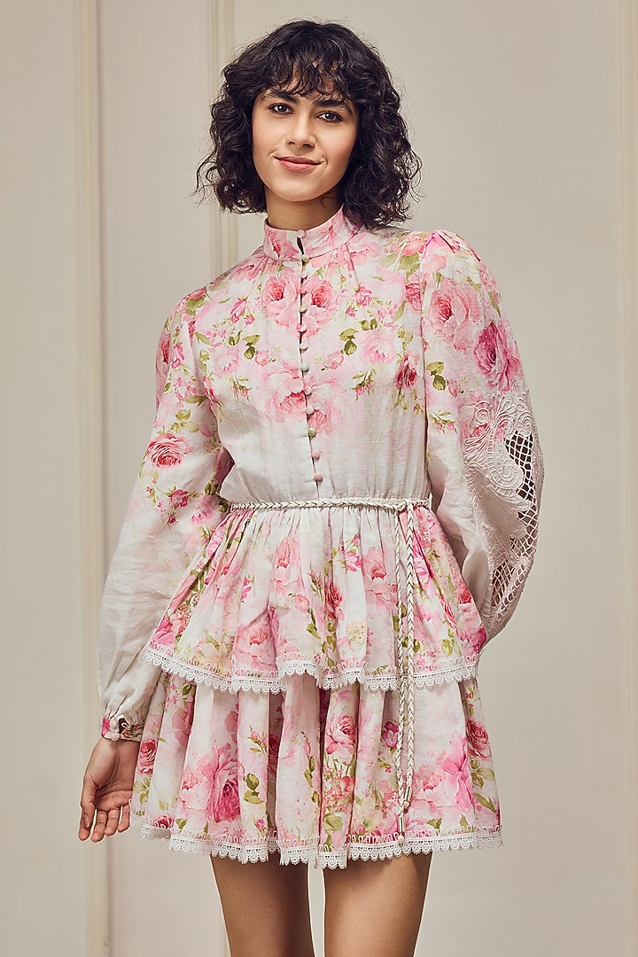 White & Pink Cotton Linen Floral Printed Mini Cocktail Dress With Belt by Roseroom by Isha Jajodia at Pernia's Pop Up Shop