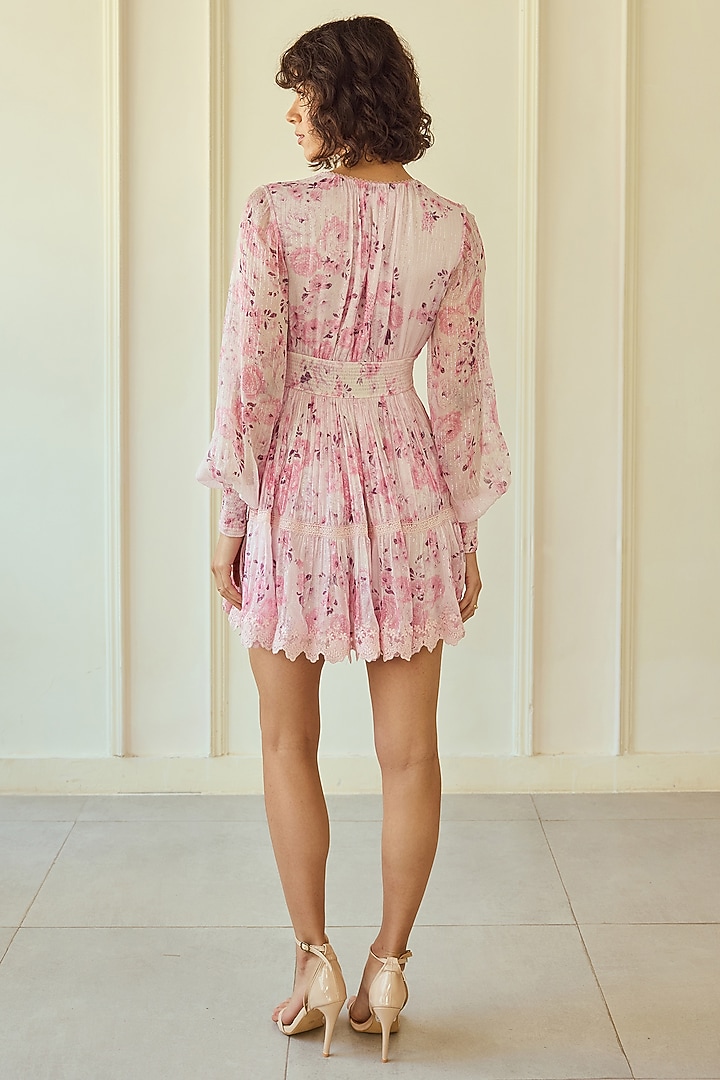Baby Pink French Chiffon Floral Printed Mini Cocktail Dress by Roseroom by Isha Jajodia at Pernia's Pop Up Shop
