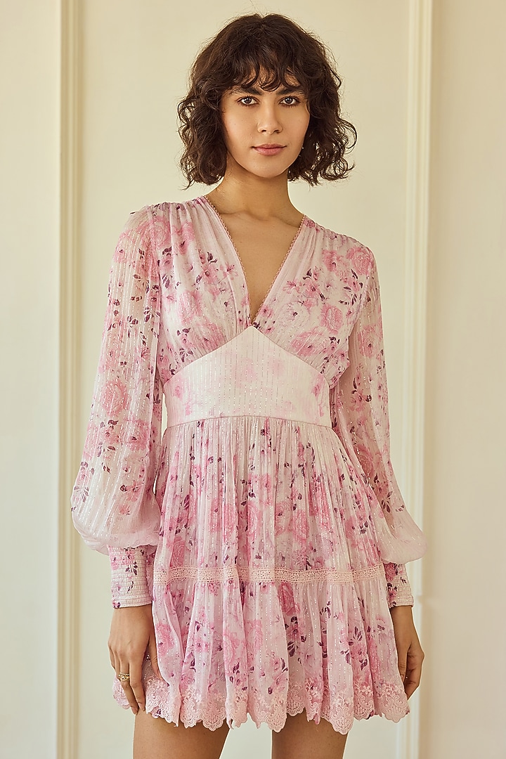 Baby Pink French Chiffon Floral Printed Mini Cocktail Dress by Roseroom by Isha Jajodia at Pernia's Pop Up Shop