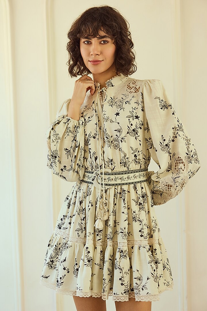 Ivory Cotton Slub Floral Printed Mini Cocktail Dress With Belt by Roseroom by Isha Jajodia at Pernia's Pop Up Shop