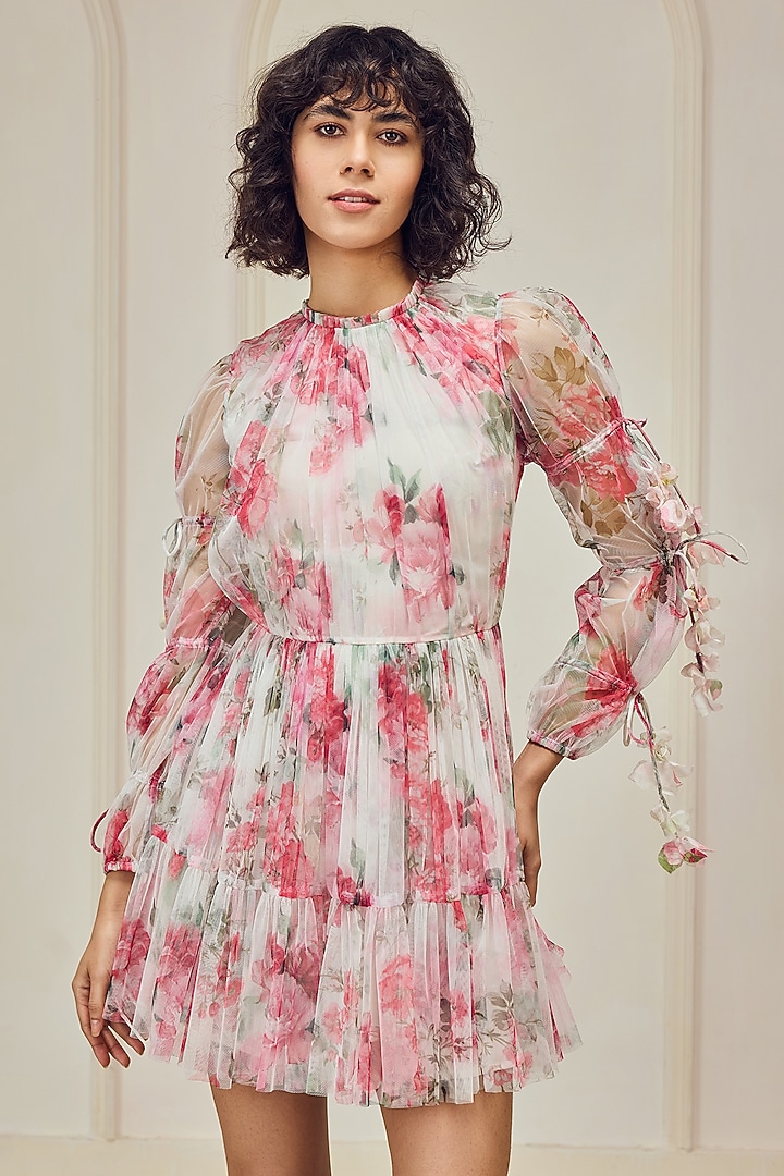 White & Pink Poly Soft Net Floral Printed Mini Cocktail Dress by Roseroom by Isha Jajodia at Pernia's Pop Up Shop