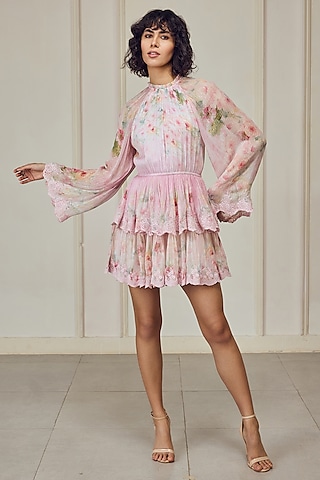 Multi-Colored French Chiffon Floral Printed Mini Dress by Roseroom by Isha Jajodia