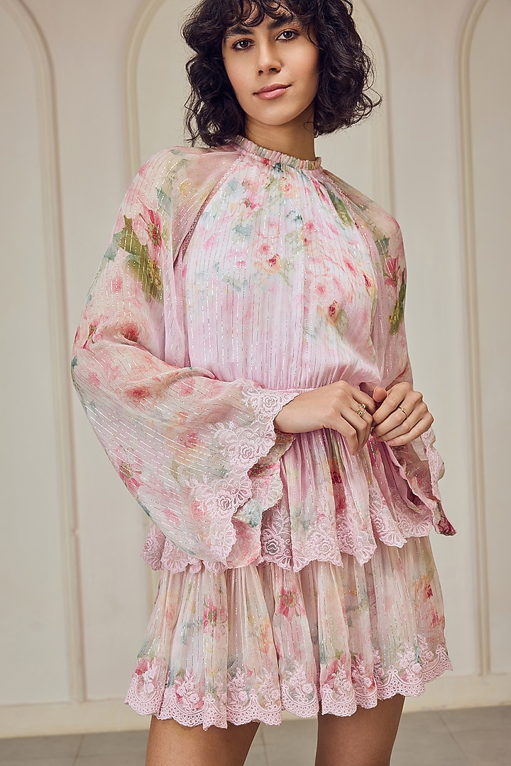 Multi-Colored French Chiffon Floral Printed Mini Cocktail Dress by Roseroom by Isha Jajodia at Pernia's Pop Up Shop