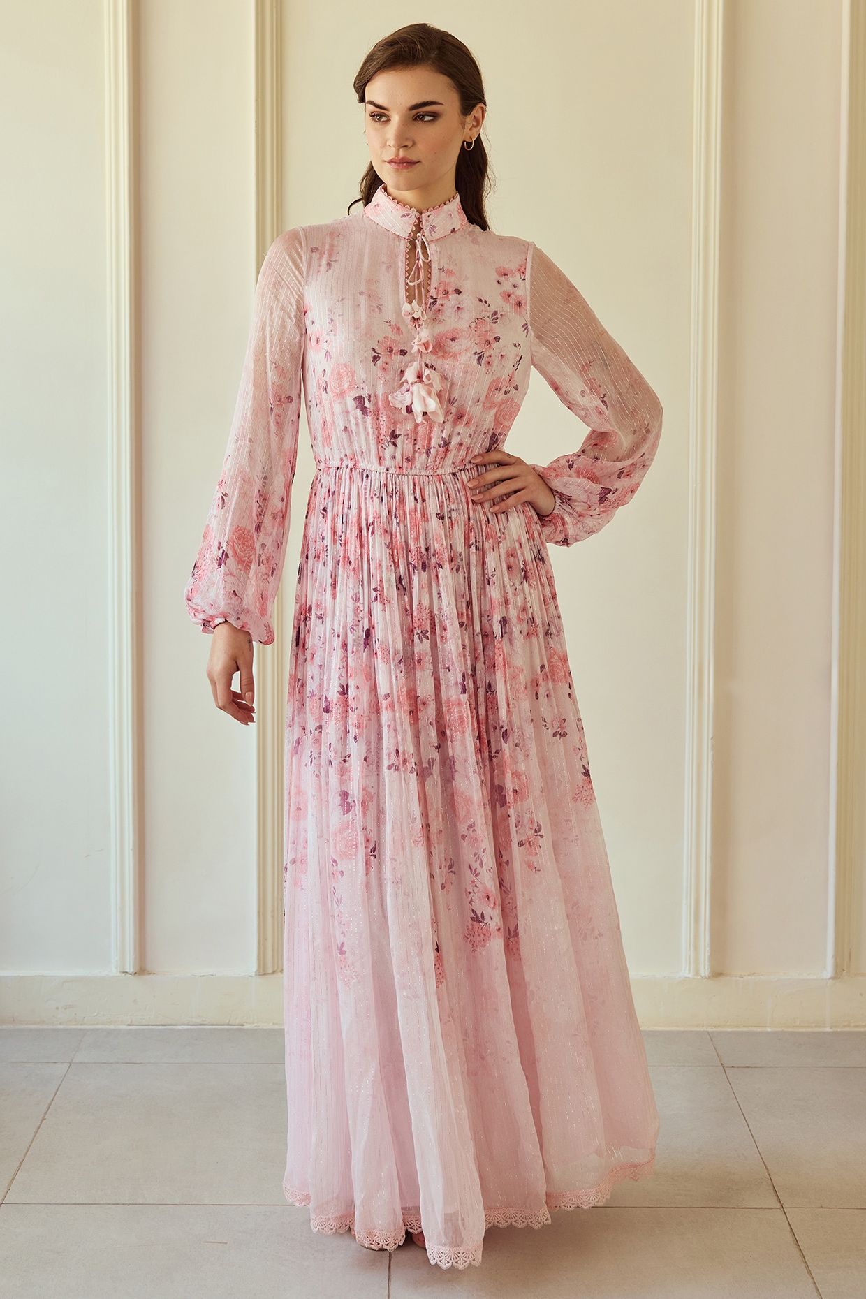 Blush Pink French Chiffon Floral Printed Maxi Dress by Roseroom by Isha Jajodia at Pernia s Pop Up Shop 2024