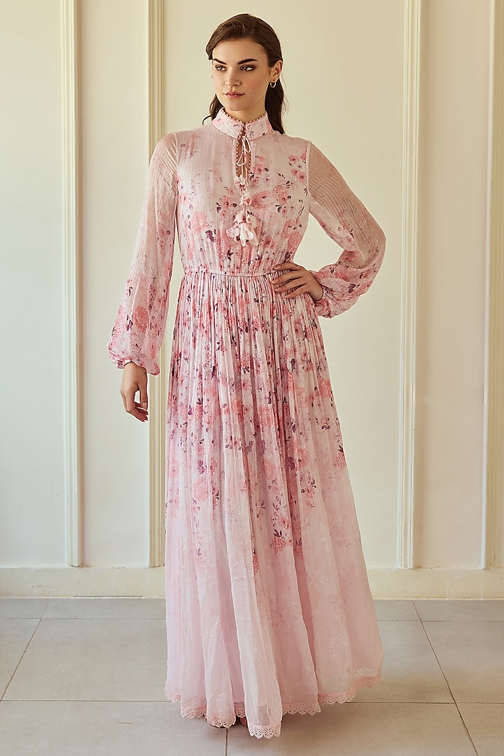 Blush Pink French Chiffon Floral Printed Maxi Dress by Roseroom by Isha Jajodia at Pernia's Pop Up Shop