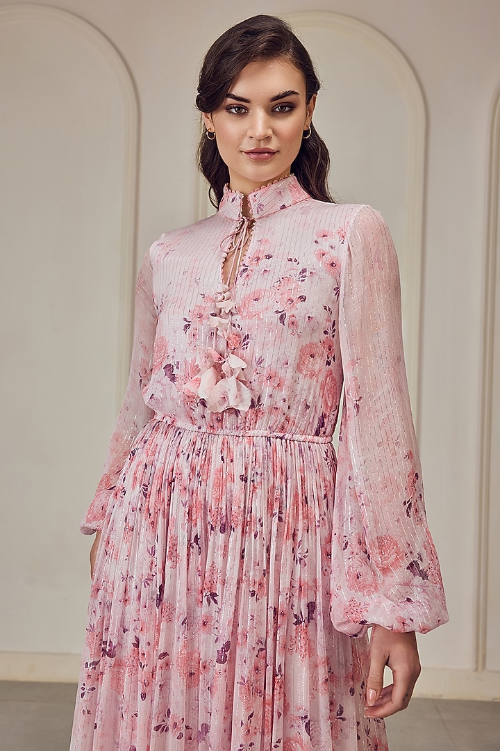 Blush Pink French Chiffon Floral Printed Maxi Party Wear Dress by Roseroom by Isha Jajodia at Pernia's Pop Up Shop