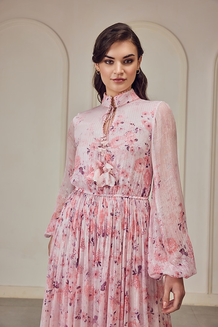 Blush Pink French Chiffon Floral Printed Maxi Party Wear Dress by Roseroom by Isha Jajodia at Pernia's Pop Up Shop