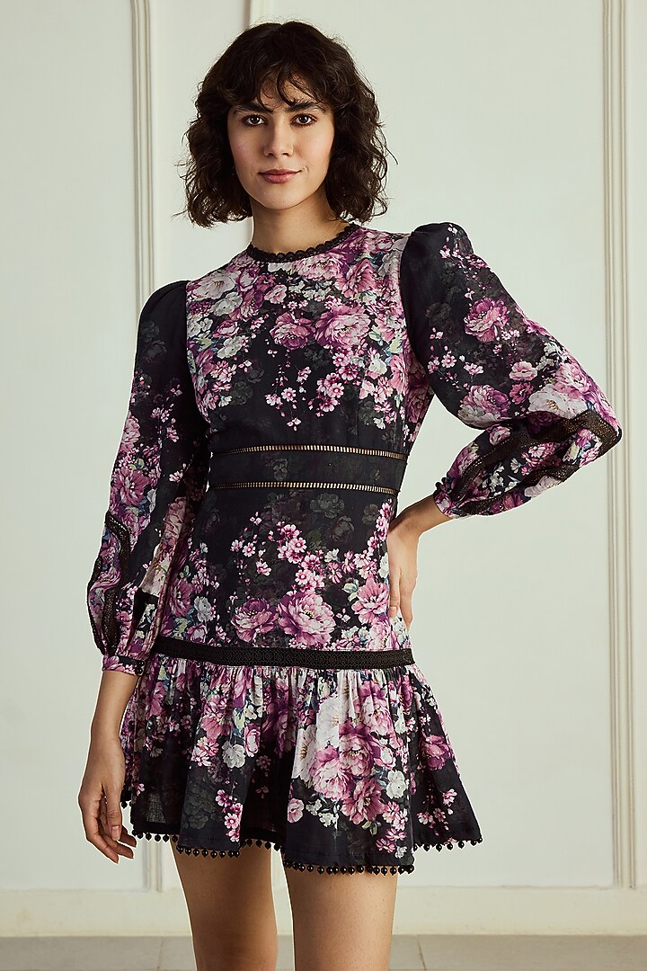 Black & Magenta Cotton Linen Printed Mini Cocktail Dress by Roseroom by Isha Jajodia at Pernia's Pop Up Shop