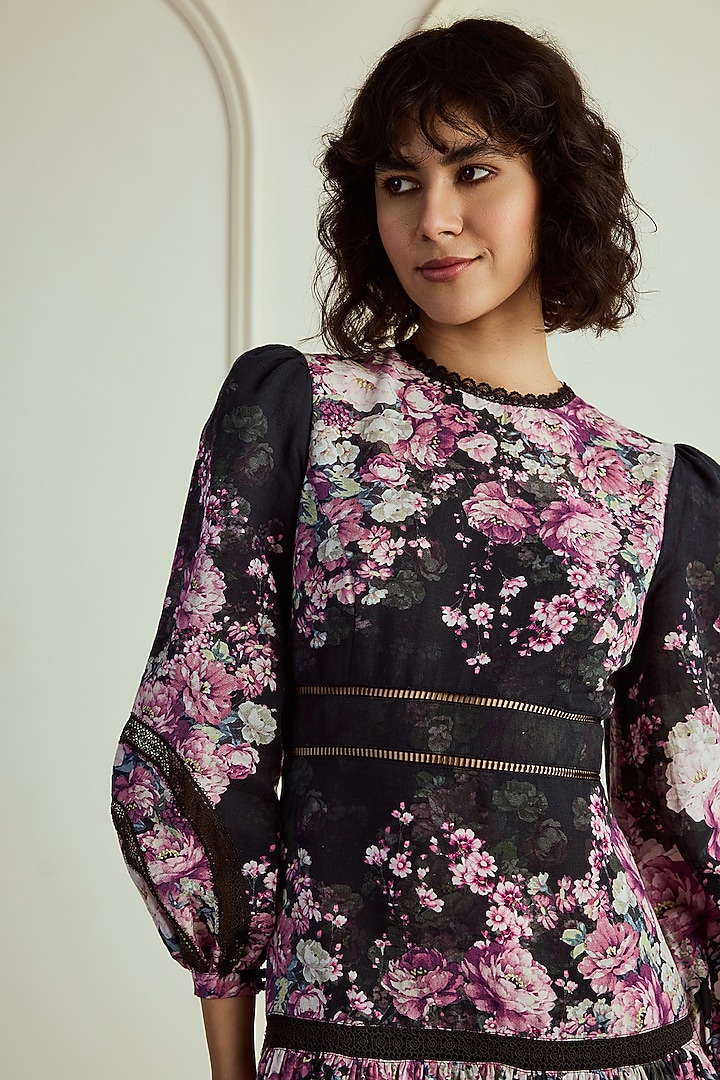 Black & Magenta Cotton Linen Printed Mini Cocktail Dress by Roseroom by Isha Jajodia at Pernia's Pop Up Shop