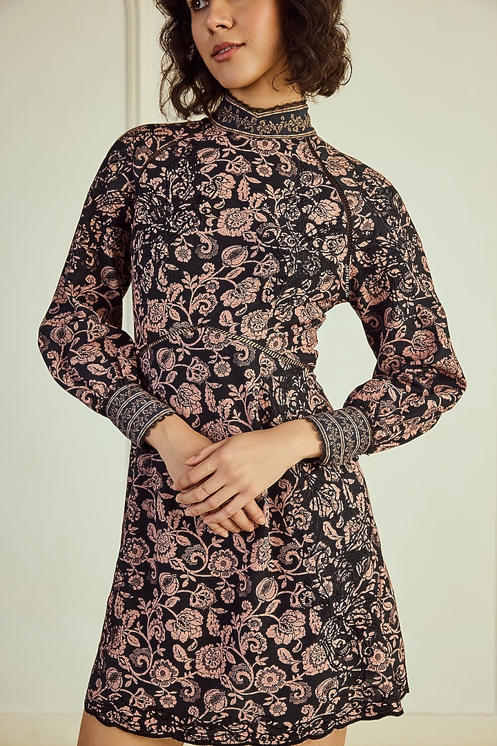 Black & Brown Cotton Slub Printed & Embroidered Mini Cocktail Dress by Roseroom by Isha Jajodia at Pernia's Pop Up Shop