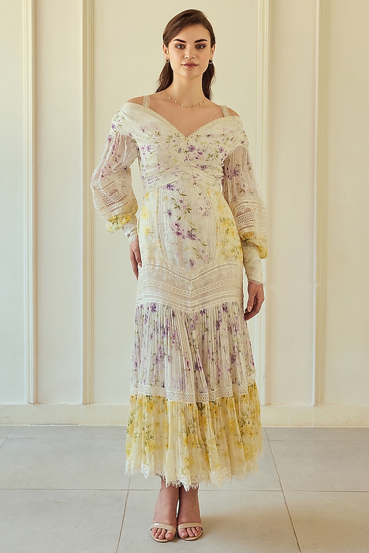 Lilac & Yellow French Chiffon Printed Off-Shoulder Maxi Dress by Roseroom by Isha Jajodia